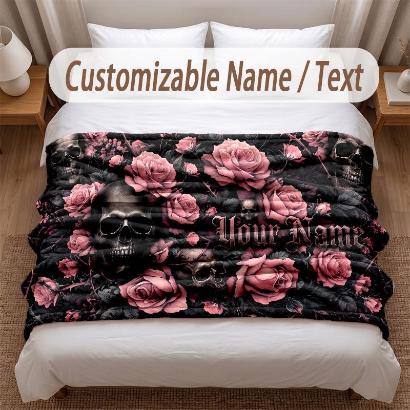 Skull Gothic Theme Soft Blanket Personalized Custom Name Text Print Warm Blanket Home Sofa Bedroom Decor