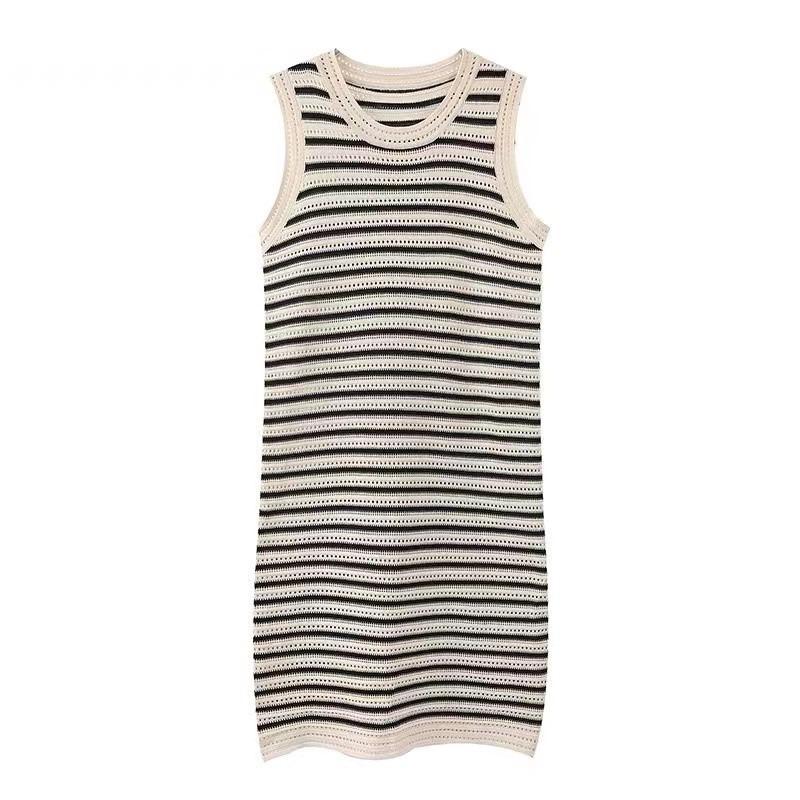 Summer French loose lazy style thin long temperament sleeveless vest skirt hollow striped knitted dress women