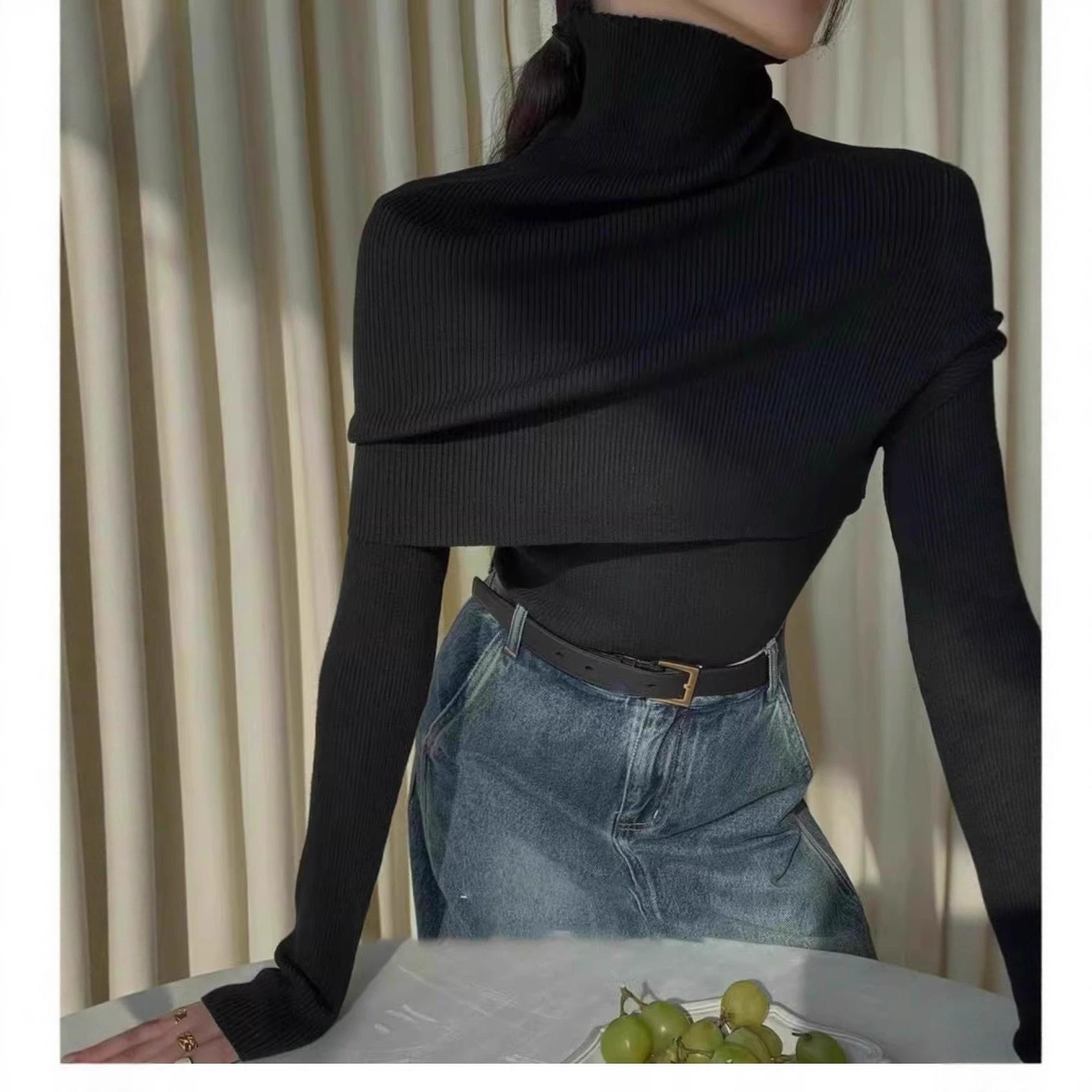 

Core-spun yarn washing water, French temperament shawl sweater two-piece set, women s turtleneck stacked cape u-neck shirt set One size