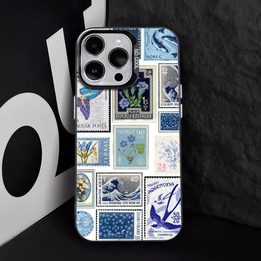 Retro Stamp   Phone Case For iPhone 17,16,15,14,13,12,11 Plus,Pro Max,XS,Colored Silver Plated Inside Cover