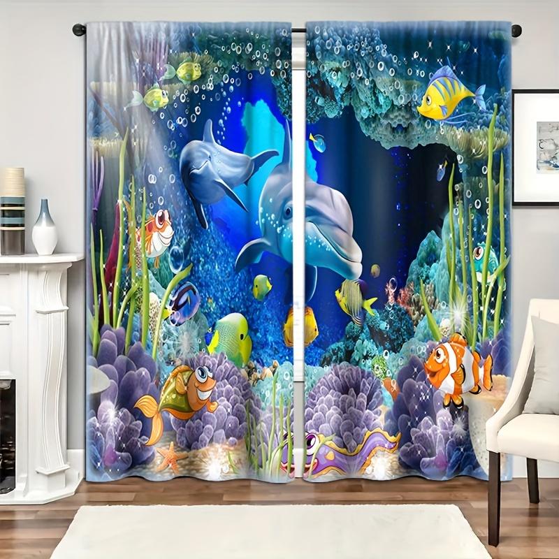 2 szt. Zasłony z motywem oceanu i wzorem ryb, dekoracyjne zasłony okienne z tunelem na karnisz, dekoracje okienne do sypialni, salonu, wystroju domu
