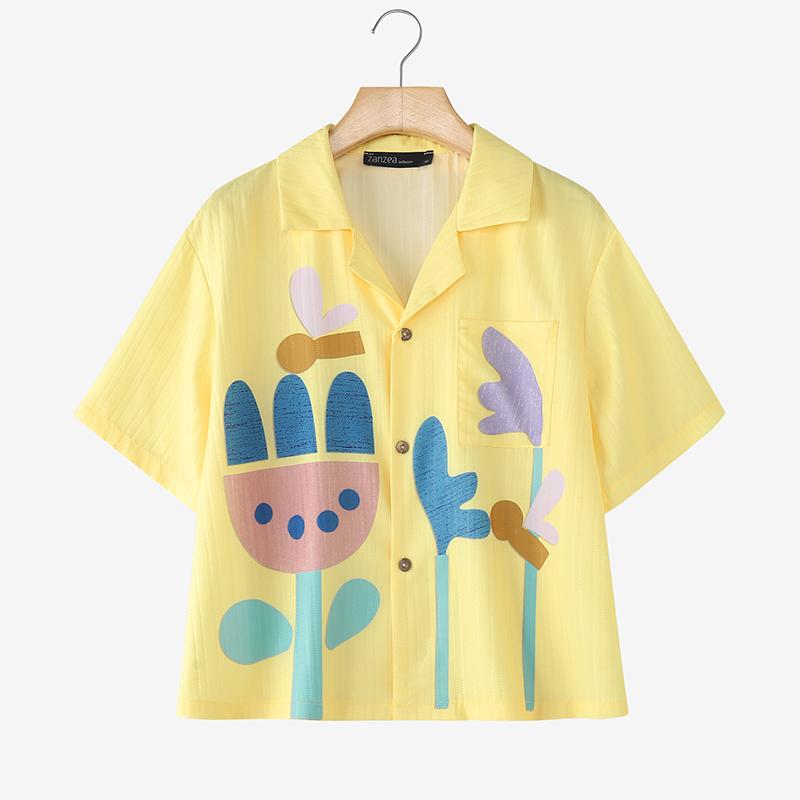 ZANZEA Women Casual Turn Down Collar Short Sleeve Loose Print Blouse