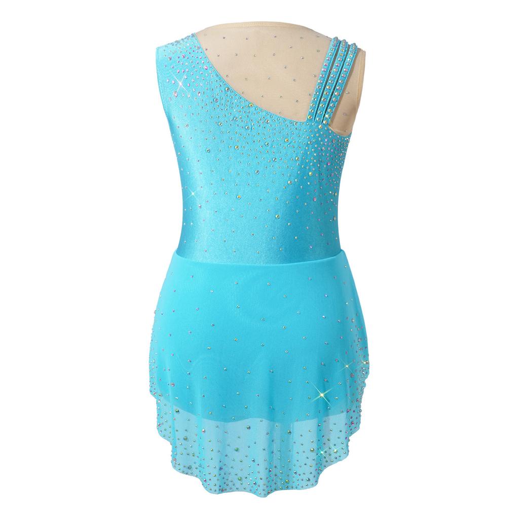 Girls Rhythmic Gymnastics Costume Sparkling Rhinestone Mesh Patchwork Sleeveless Dress with Built-in Briefs for Stage Competition