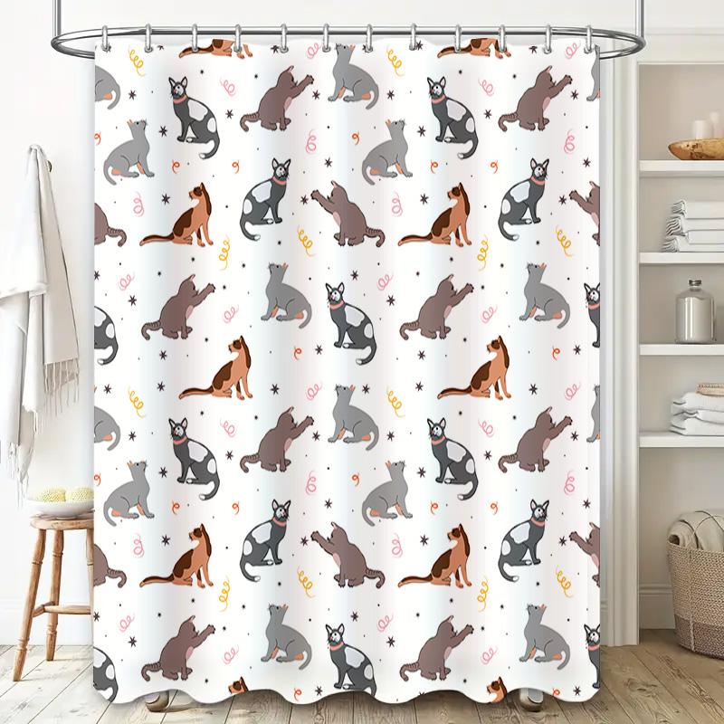 Whimsical Cat Pattern Shower Curtain Multicolored Feline Print for Bathroom Decorations with Hooks Included In White