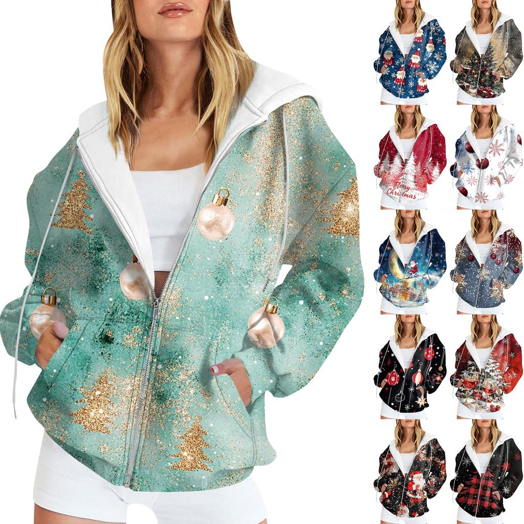 Women's Long Sleeve Christmas Print With Pockets Cardigan Zipper Hooded Sweatshirt Jacket