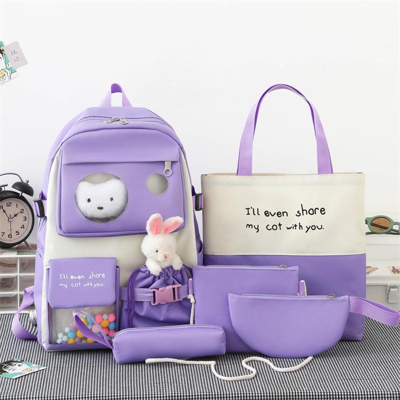 

Школьный рюкзак для школьников, набор из 6 предметов, модный рюкзак с игрушками-медведями, набор из 5 предметов, несколько карманов, сумки для девочек-подростков, школьная сумка фиолетовый