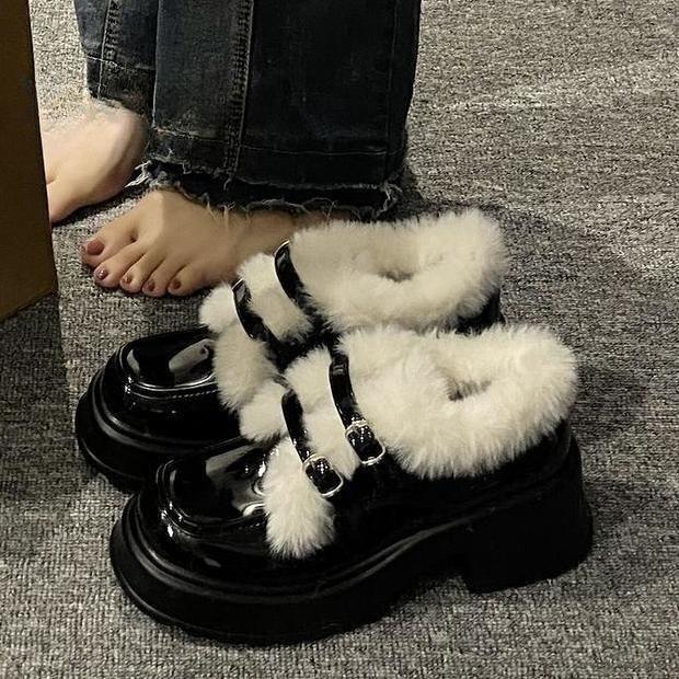 British Style Small Leather Shoes Women's 2025 Autumn and Winter New Thick-soled Heightening Velvet Mary Jane Shoes Cotton Shoes Fluffy Shoes