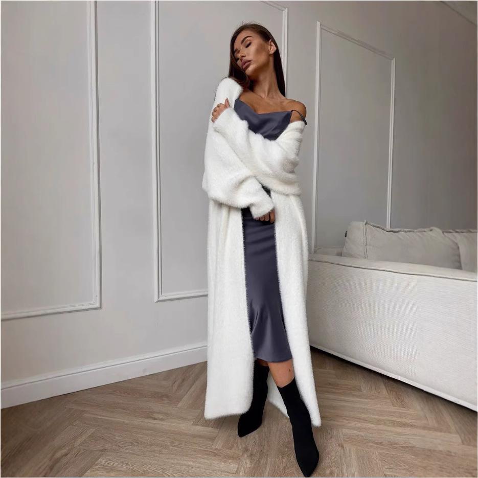 Women's Fluffy Faux Mink Knit Cardigan Coat - White, Autumn/Winter Loose Fit