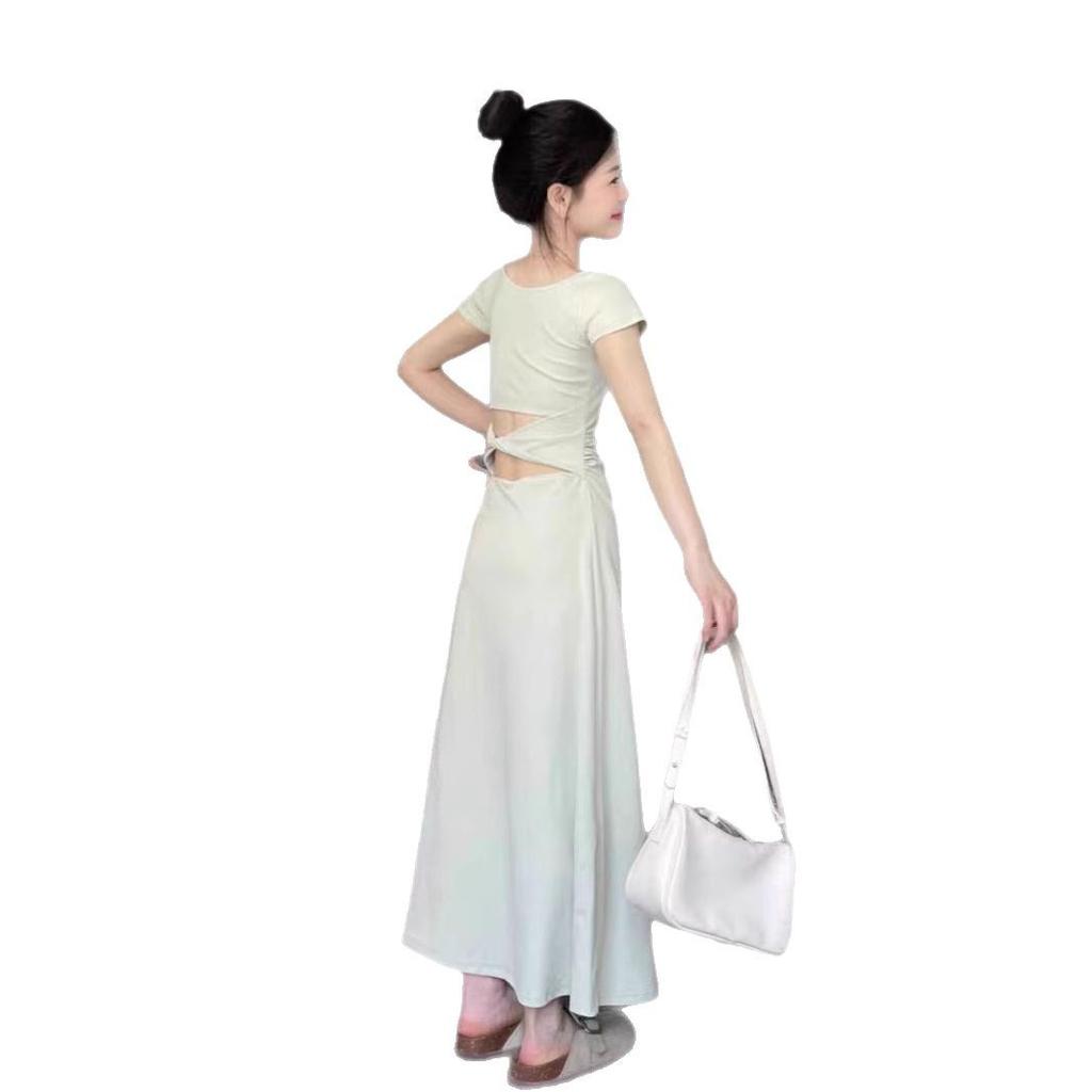 Mambo Green French Pure Desire Square Neck Dress for Women's Summer Slim-fitting Waist and Thin A-word Short-sleeved Long Skirt