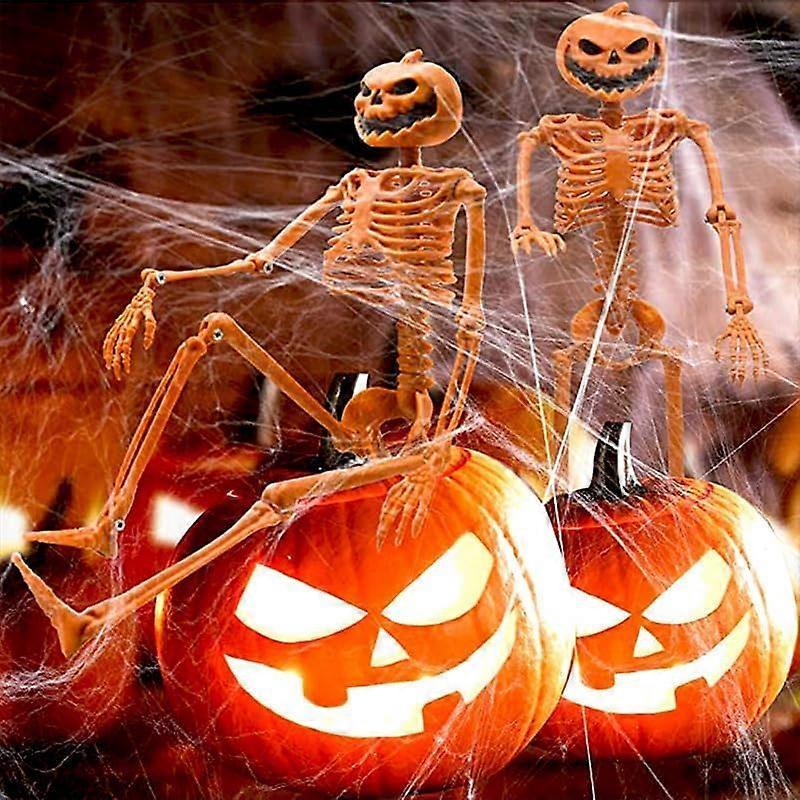 2 PEZZI Scheletro Arancione con Testa di Zucca Decorazioni Scheletriche di Halloween 2 Scheletri Realistici a Grandezza Naturale per Halloween con Articolazioni Mobili Posizionabili per Ind