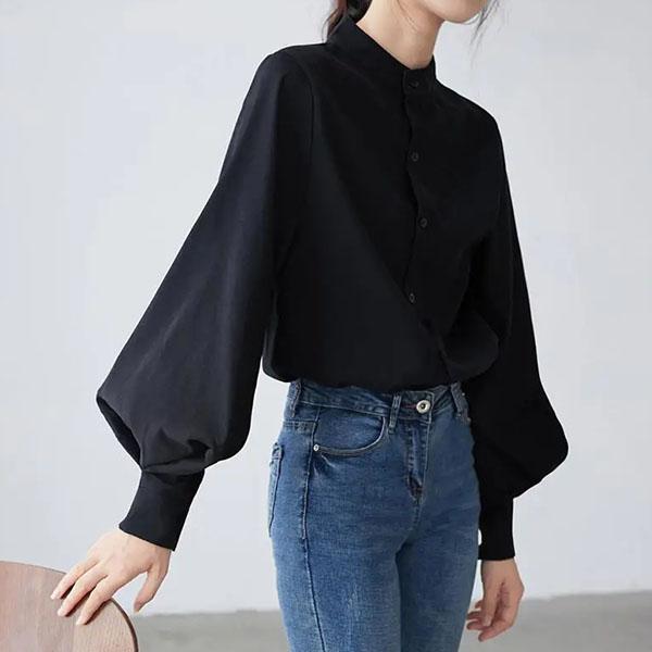 Women's Spring Summer Large Size Vintage Blouse Ladies Autumn Solid Color Long Sleeve Loose Stand Collar Shirts