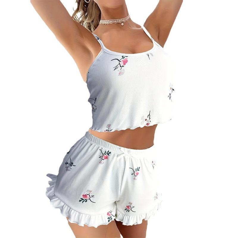 Floral-print Girls’ Strappy Top and Shorts Loungewear Set for Women, with Ruffled Trim, Suitable for Wearing Out and About