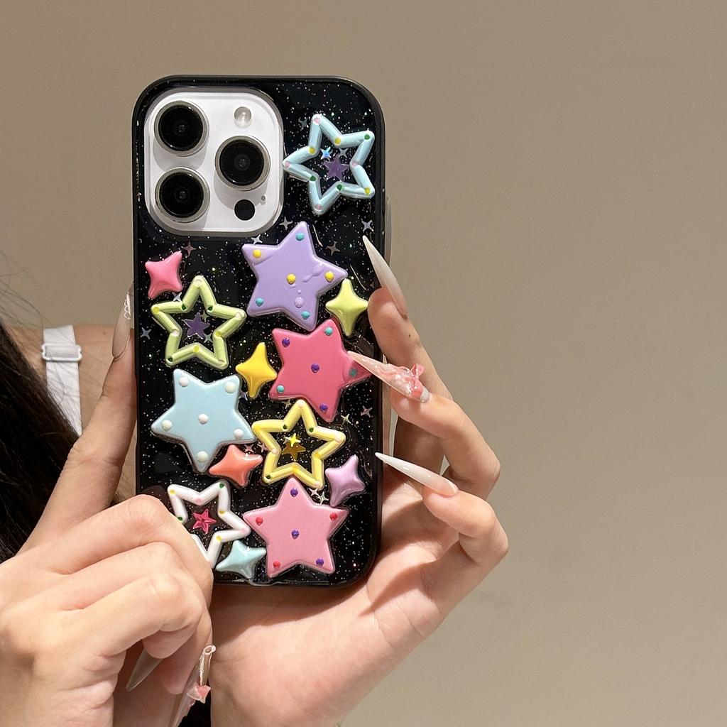 Fashion Dopamine Star Shining Colorful Stars Shell Case For iPhone 17 16 15 12 13 14 Pro Max 11 3D Epoxy Rubber Acrylic Cover