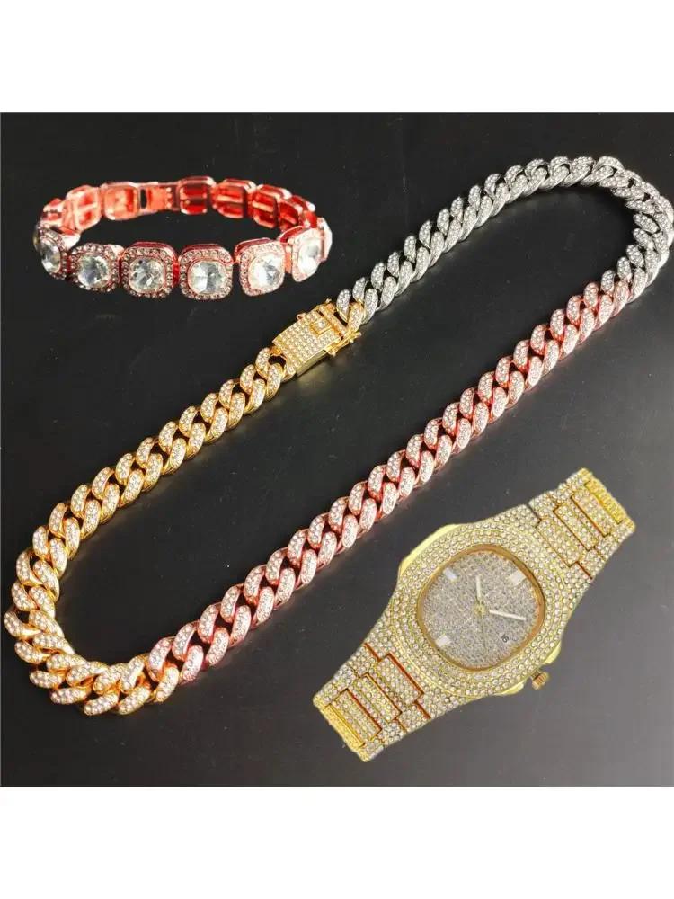 12mm Tennis Necklace +baguette Watch+bracelet Combo Sets Hip Hop Chain Iced Out Bling Paved Rhinestones For Men Women Jewelry