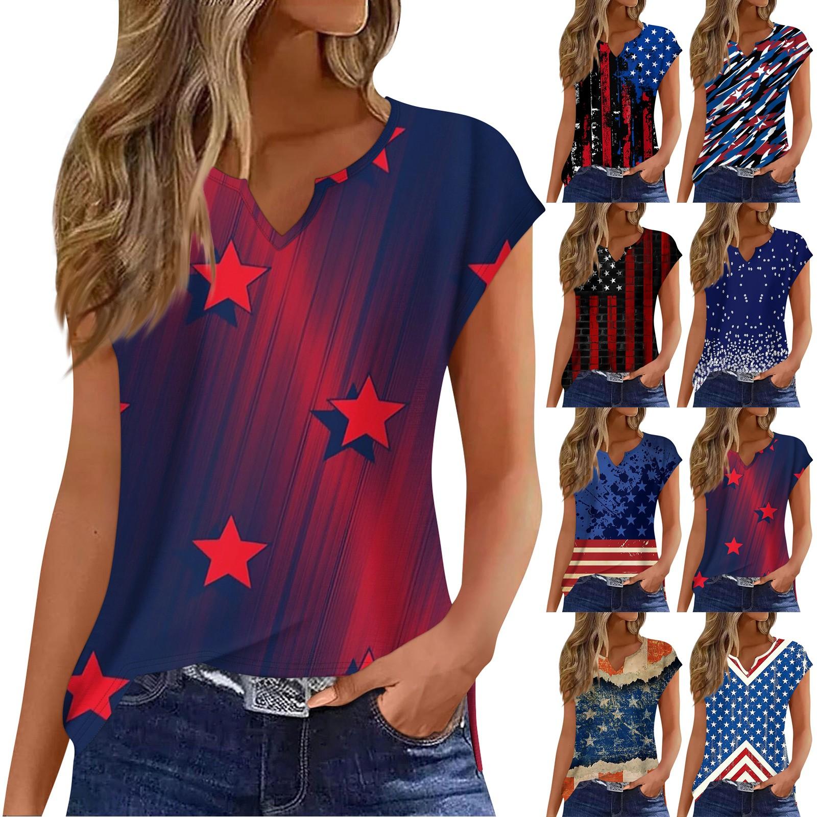 

Женские футболки с v-образным вырезом, топы без рукавов, модные повседневные футболки с принтом ко Дню независимости