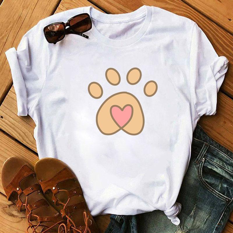 Fashion Women T-Shirt Cartoon Tee Shirts Watercolor Heart Dog Paw T Shirt Harajuku Tops Tee Short Sleeve Cute Female Tshirts Tee