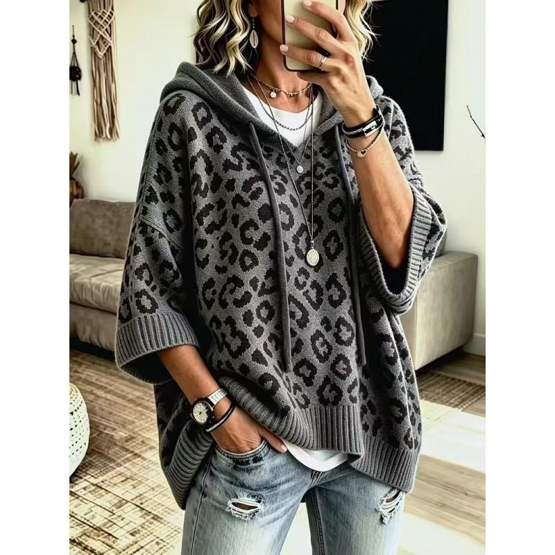 Leopard Print Hooded Knit Sweater Women Loose Fit Long Sleeve Pullover Casual Top
