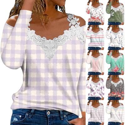 Fashionable Lace V-neck Pullover Long Sleeve Floral Print Top Casual T-shirt