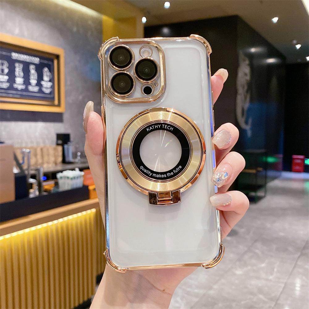 

Магнитная подставка Прозрачный гальванизированный чехол для телефона для iPhone 16 15 Pro Max 14 13 12 11 X XR XS 7 8 Plus SE Защитный чехол-броня For iPhone XR&Case & Holder золотой