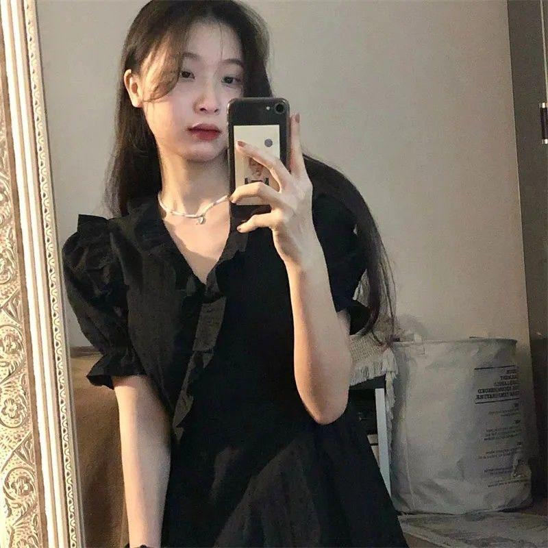 Koreanische Version des Retro-Kleides in reiner Farbe mit Holzohren, Puppenkragen, Taillenumrandung, Kleid für Studentinnen, Sommer-A-Linien-Rock