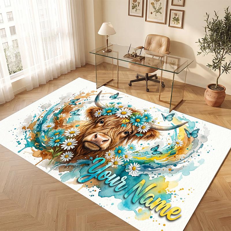 Highland Cow Theme Soft Crystal Velvet Rug Custom Name & Text Print Non Slip Floor Rug for Bedroom Living Room