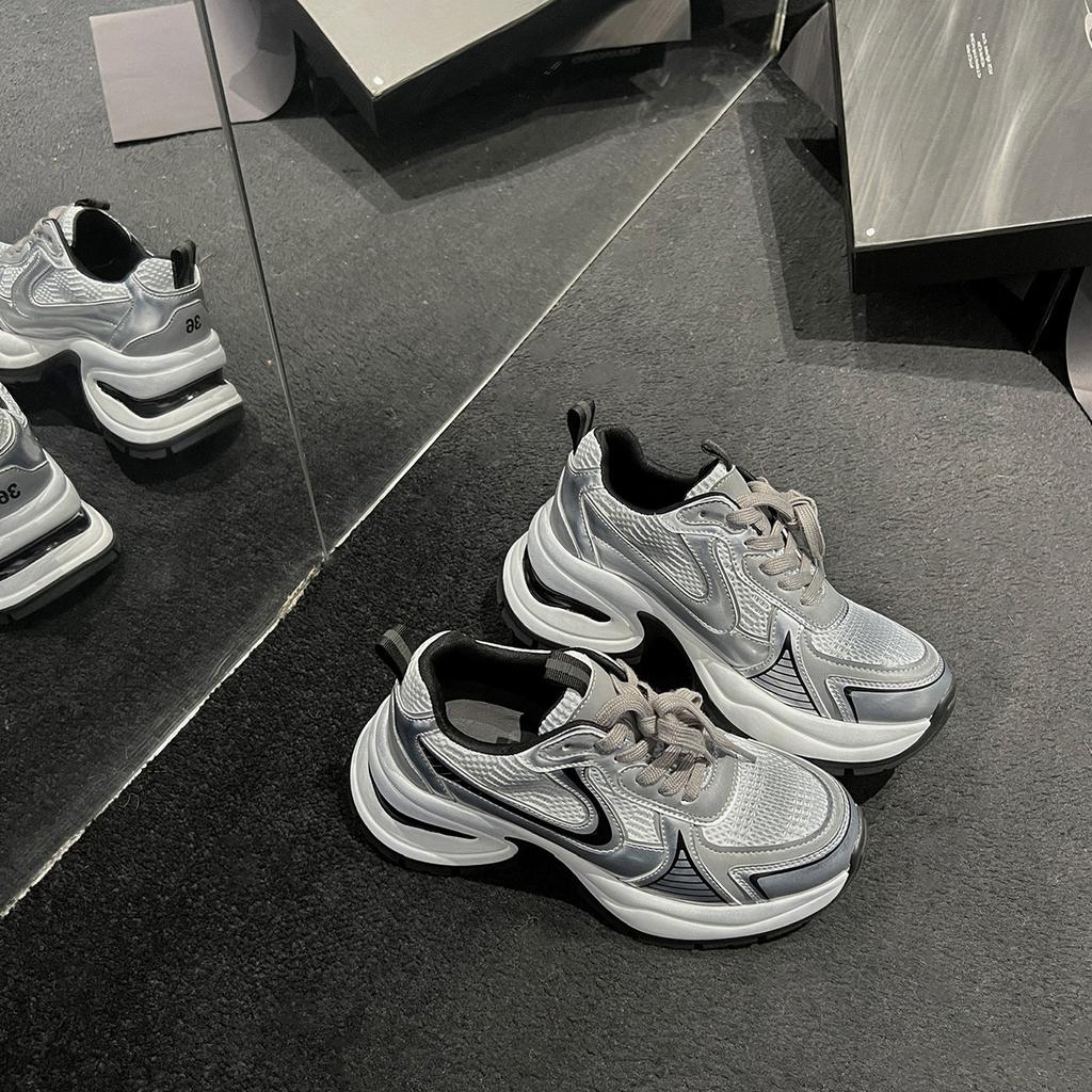 Ruth, the same silver platform leather dad shoes, women's height increase 2025 new versatile lace-up casual sports shoes