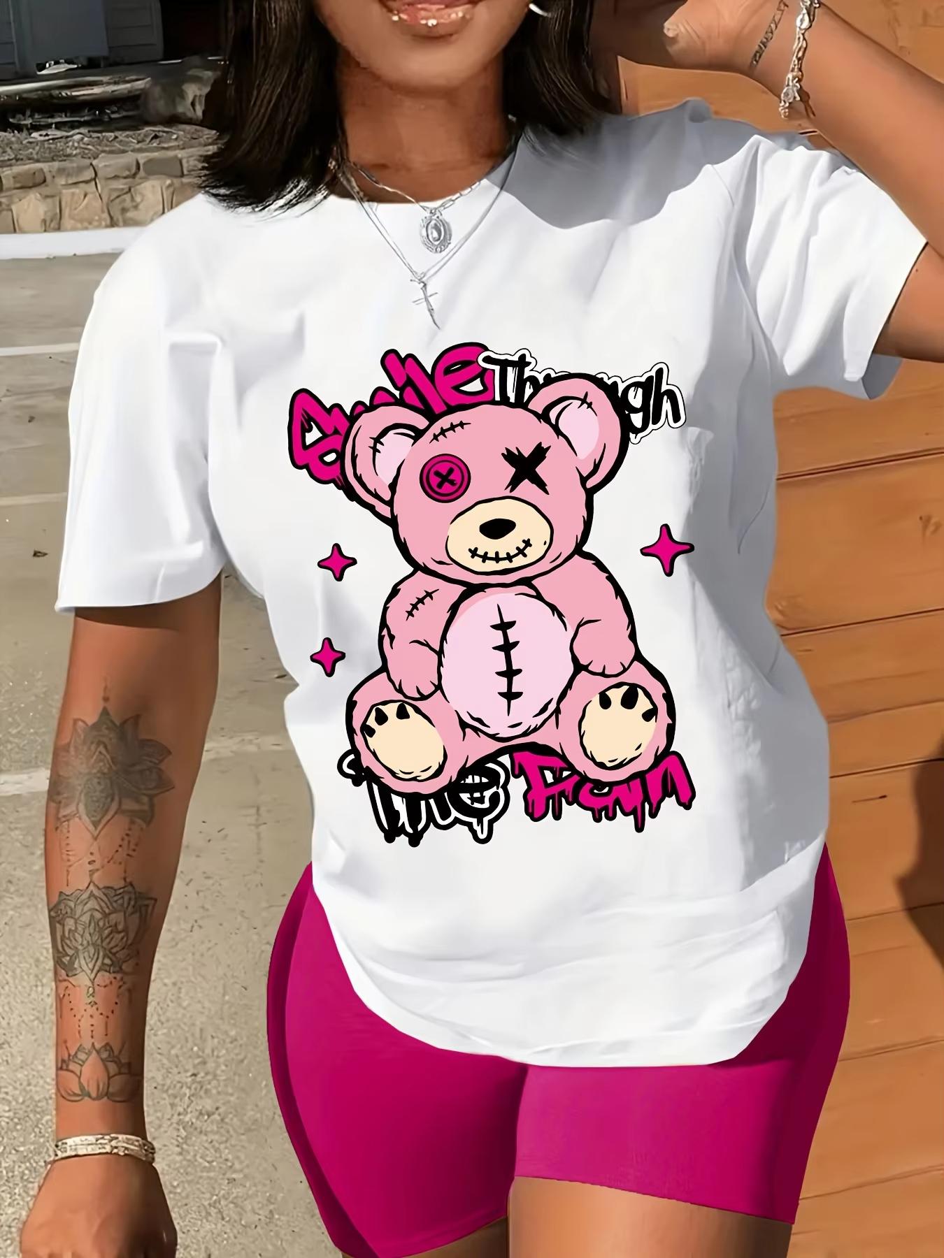 

Bear Print Crew Neck TShirt Casual Short Sleeve TShirt for Spring Summer Womens Clothing Aesthetic Clothes S