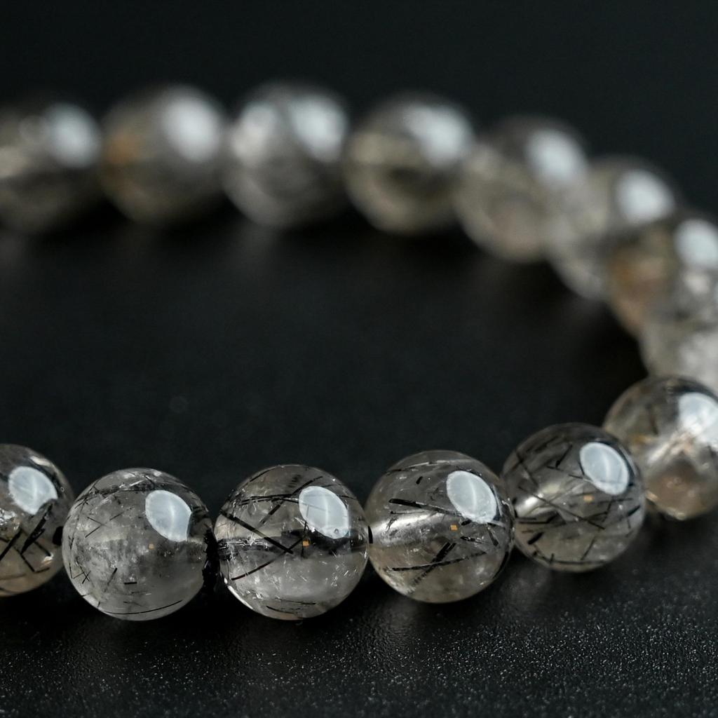 Black Smoky Rutilated Quartz Bracelet Tourmaline in 16cm Wrist Limited Natural Power Prayer Good Luck Feng Shui [Eigado] (Black Quartz) 8.5mm Stone,