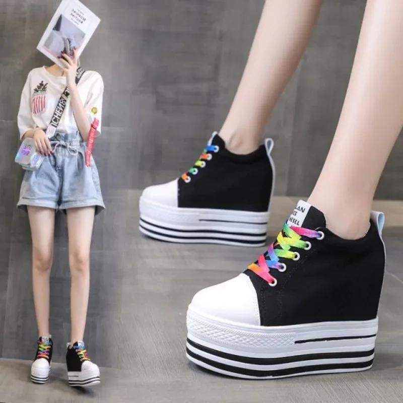 Fashion 10CM Heels Wedge Canvas Shoes Woman High Platform Sneakers Vulcanized Shoes Hidden Heel Height Increasing Casual Shoes