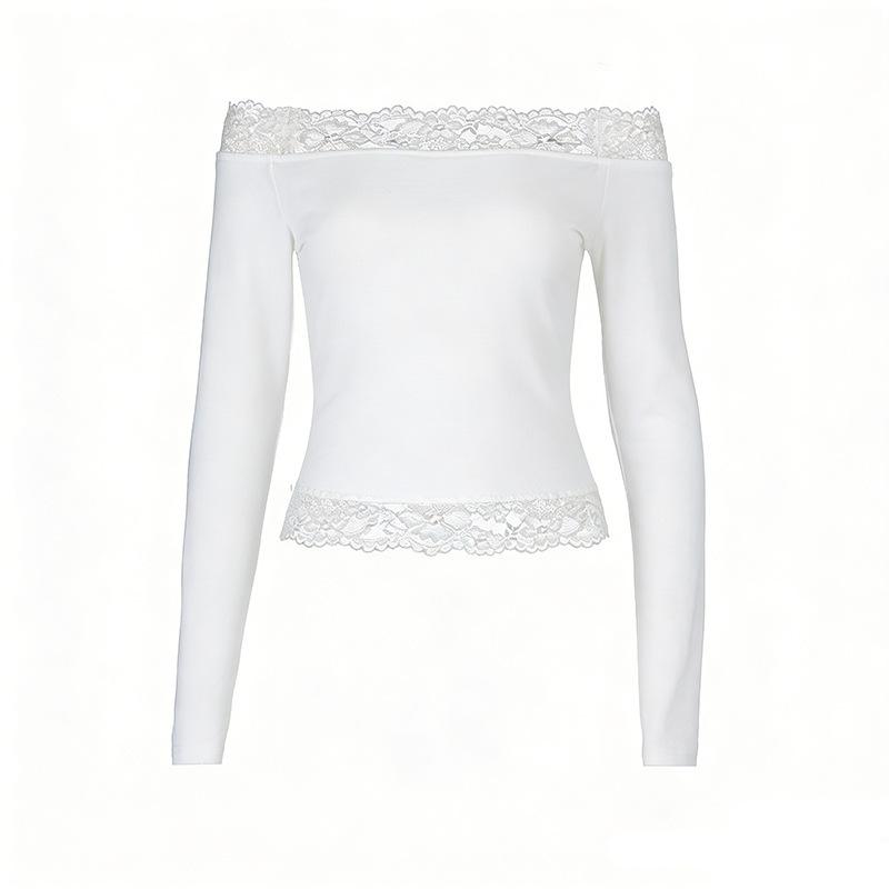 ins lace one-word shoulder pure desire top autumn and winter new Spice Girl long-sleeved European and American versatile top