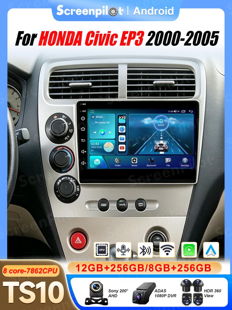 Android 16 For HONDA Civic EP3 2000-2005 Car Radio Stereo Head Unit Multimedia Video Player GPS Navigation 2K QLED 9 Inch 8 Core
