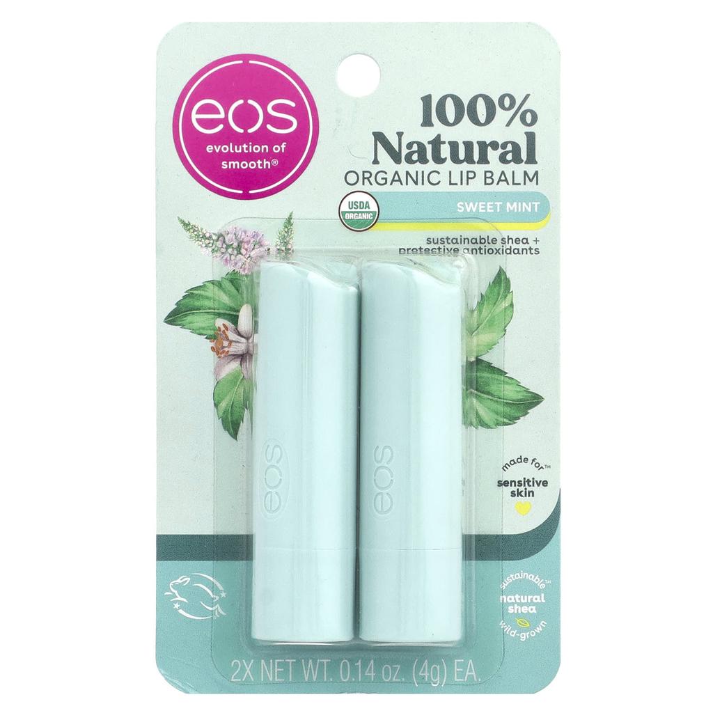 Organic 100% Natural Shea Butter Lip Balm, Sweet Mint, 2 Pack, 4G (0.14Oz) Per Pack