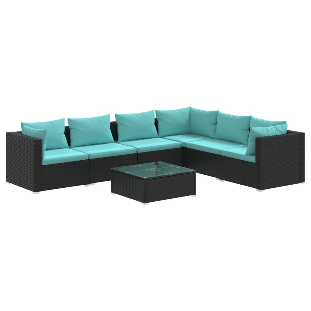 Vidaxl 7-Cz. Garden Lounge Set, Cushions, Black PE Rattan