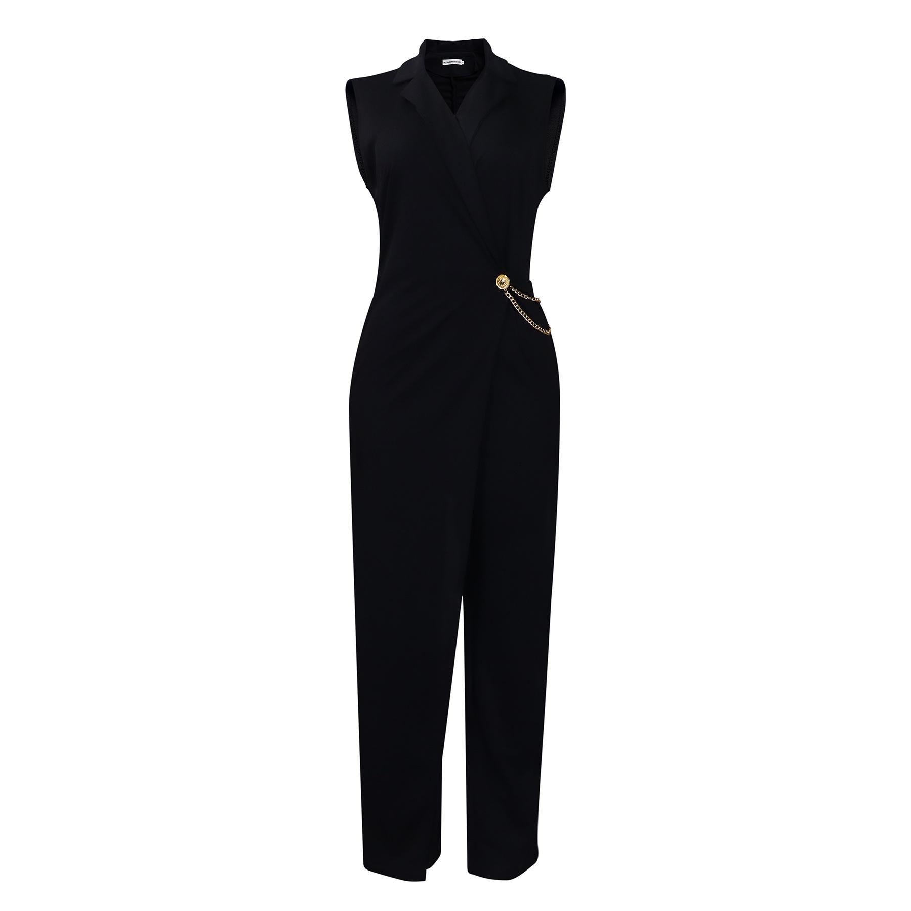 

Elegant 2025 Summer Sleeveless Solid Color Lapel Jumpsuit - European & American Style XL чорний