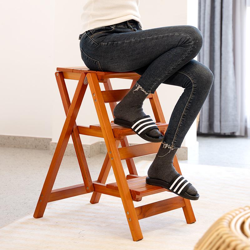 Solid Wood Foldable Ladder with Non-Slip Steps - Multi-Functional, Portable, Stackable, and Ideal for Household Climbing and Storage.