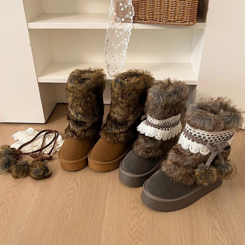 Brown Retro Non-slip Thick-soled Fluffy Snow Boots Women's 2025 New Winter Heightening Warm Piled Thickened Cotton Shoes