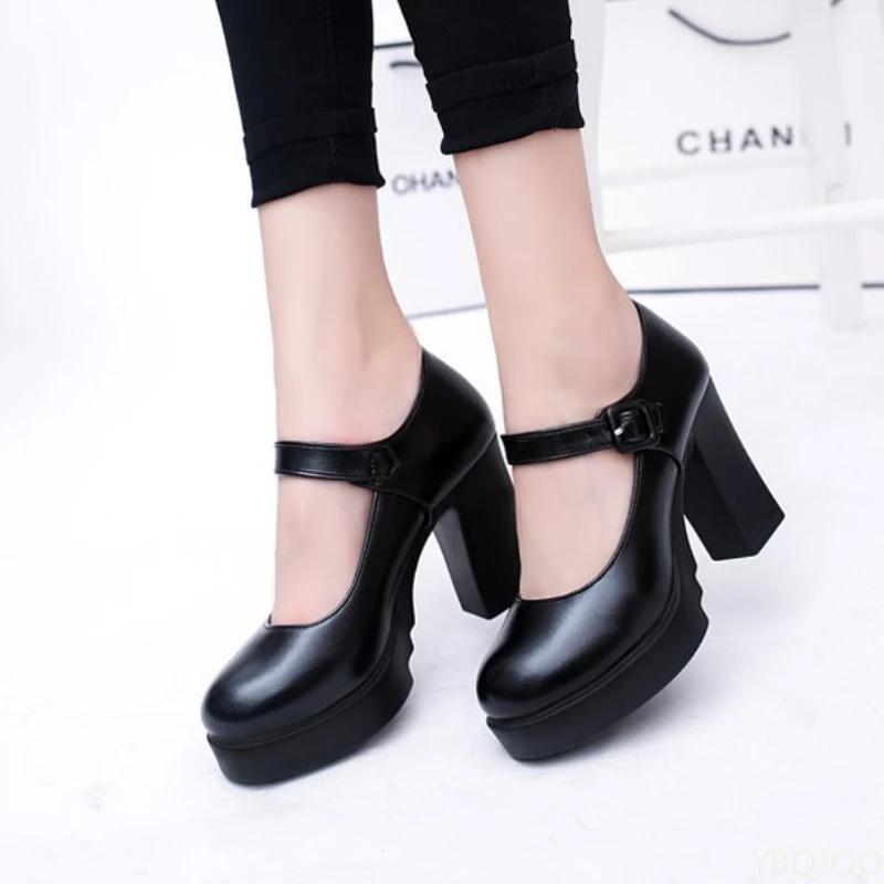 Fashion New Hot Sale Women's high heels Outdoors Shallow Mouth Flats Versatile Buckle leather Shoes Black sexy thick heel pumps Mujer