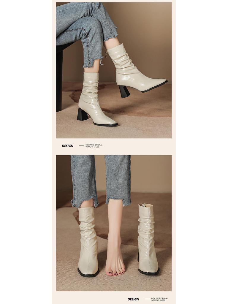 Pleated Retro French Ankle Boots with Velvet Lining, Mid-Calf Height, Back Zipper, and Slim Square Toe for Women.