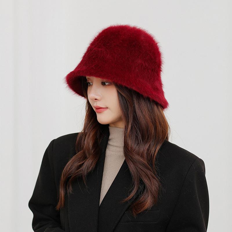 Rabbit Fur Bucket Hat Female Furry Fisherman Hat Korean Version Warm Hat Autumn and Winter Plush Cover Face Sunscreen Hat