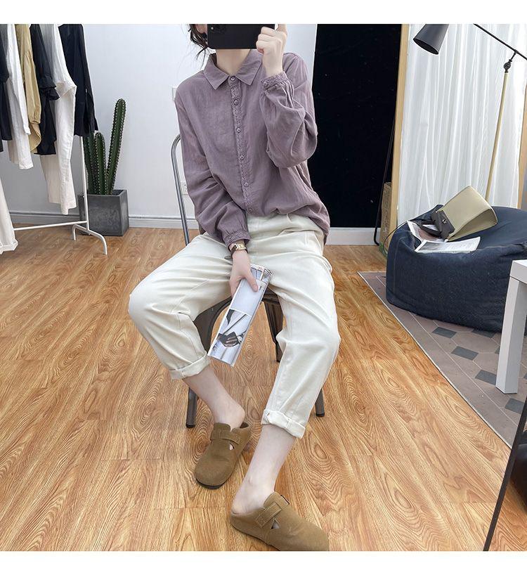 Women's Retro Cotton & Linen Lace-Stitched Long Sleeve Shirt