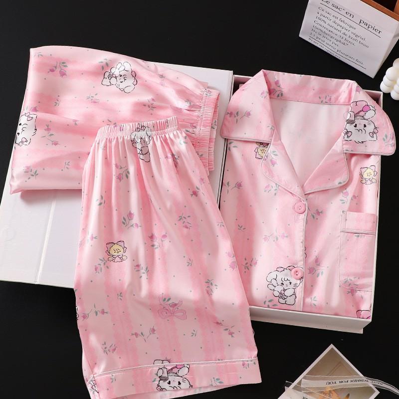 Girls Ice Silk 3-Piece Pajama Set Short Sleeve Sleepwear Kids 8 Years Cartoon Print Lightweight Air-Conditioning Suit