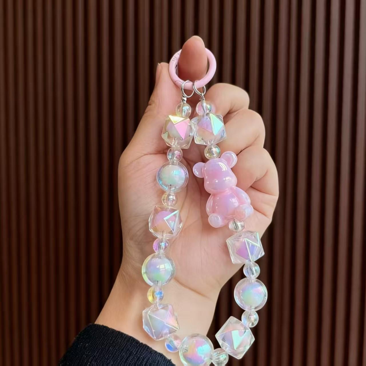 

Iridescent Bear Beaded Charm for Phone, Keychain, Bag, Earphones, or Cup розовый