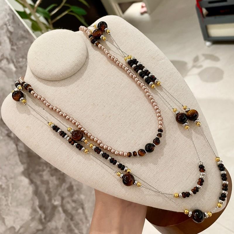

Amber streamer medieval vintage multi-layer tiger s eye stone pearl necklace long pearl sweater chain accessory neck chain