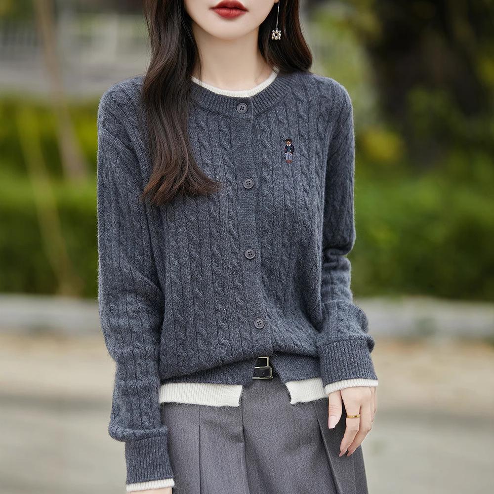 2025 Women's Fashion Color Block Knitted Cardigan: Round Neck, Fake Two-Piece, Embroidered Cable Knit Sweater
