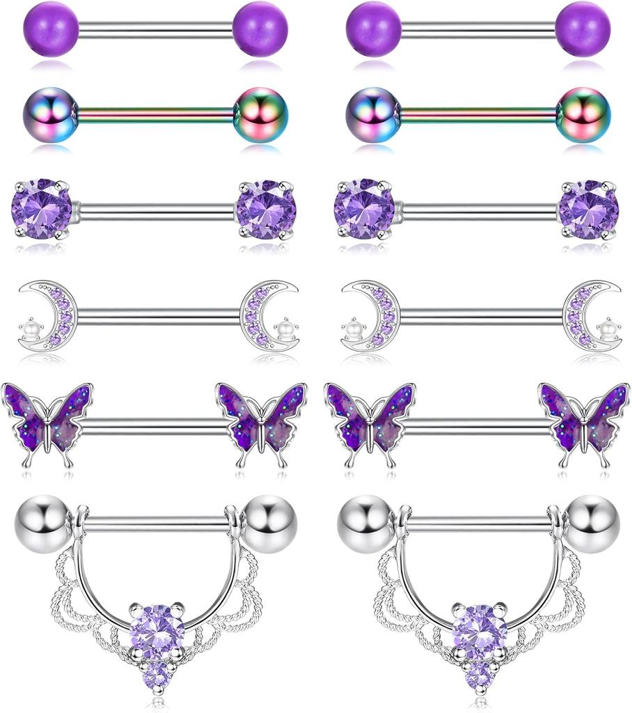 Bobisty 6 Pairs 14G Nipple Rings Set for Women 316L Stainless Steel Heart Butterfly Moon CZ Flower Nipple Rings Piercing Jewelry