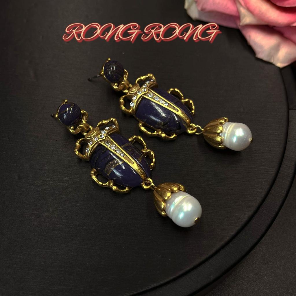 Vintage Heavy Industry Beetle Shaped Pearl Pendant Earrings With French Court Style Electroplated Antique