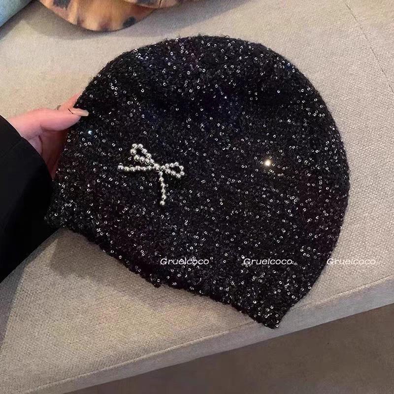 Korean Cold Hat Autumn and Winter Small Fragrance Style Sequin Knitted Hat Showing Face Small Fashionable Bag Head Hat