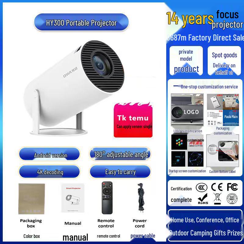 HY300 Portable Smart Projector, 720P Android 11, LCD, Ultra HD 4K Support