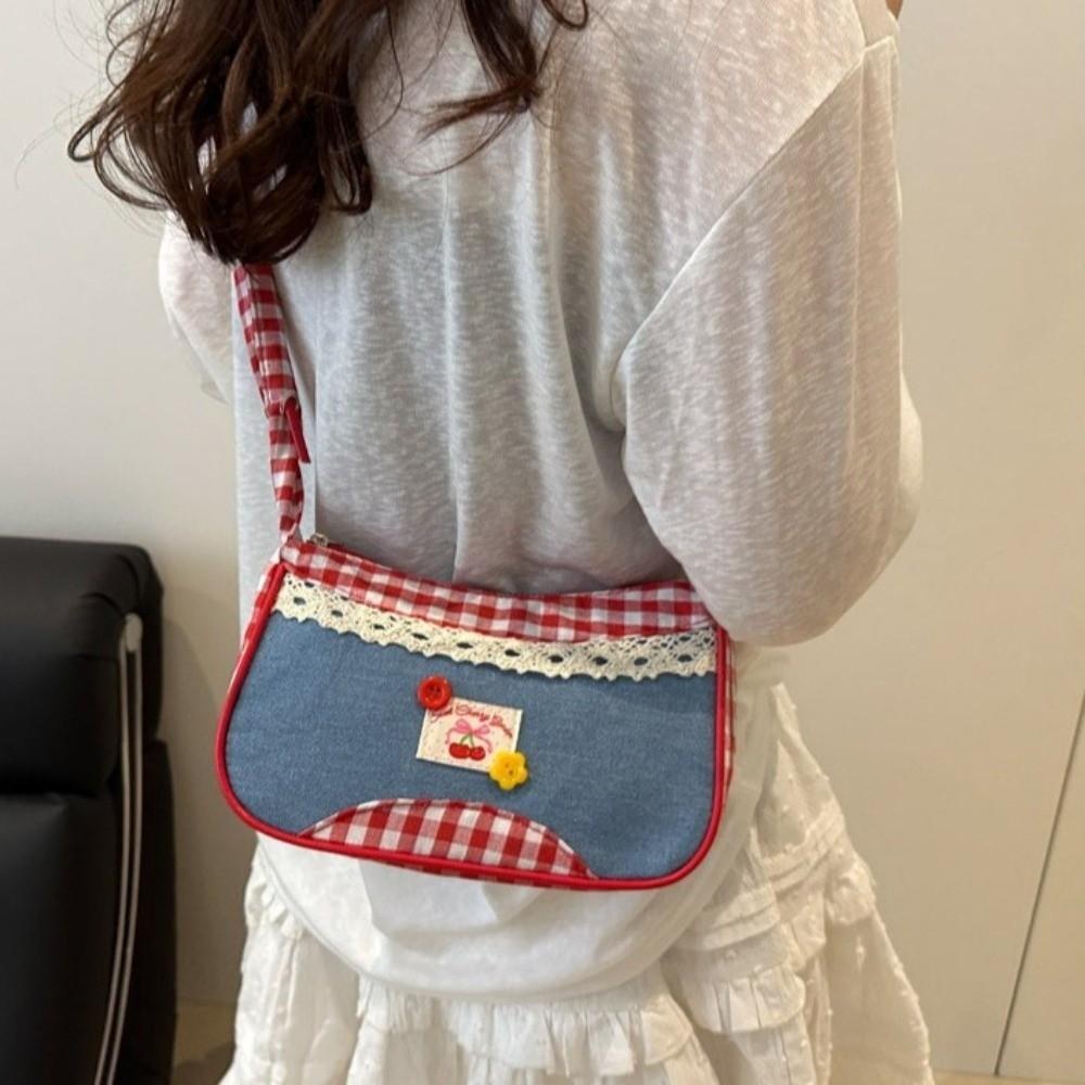 Leisure Lattice Shoulder Bag Rural Style Crossbody Bag Sweet Denim Underarm Bag Travel