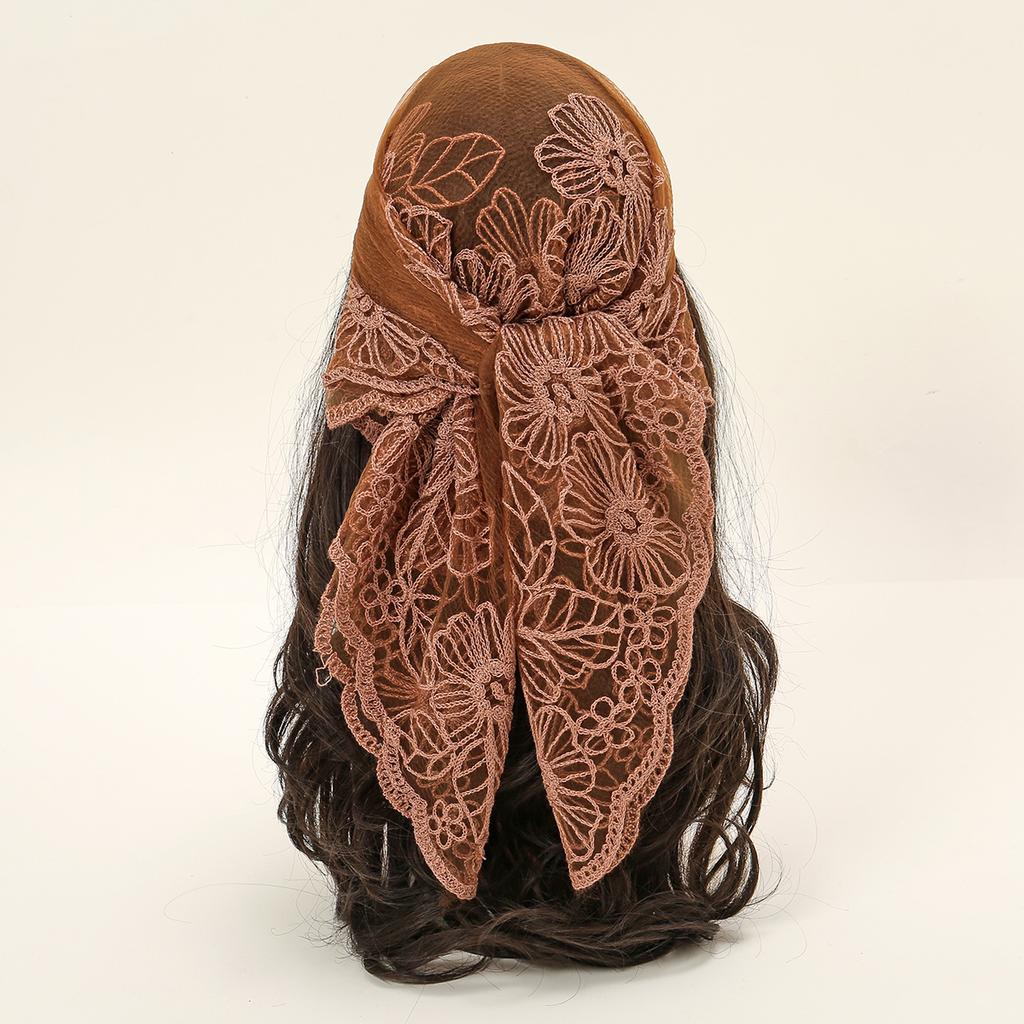 New Square Yarn Hijab Scarf Women Floral Embroidery Lace Headband Summer Breathable Bandana For Women Elegant Turban Hair Wrap